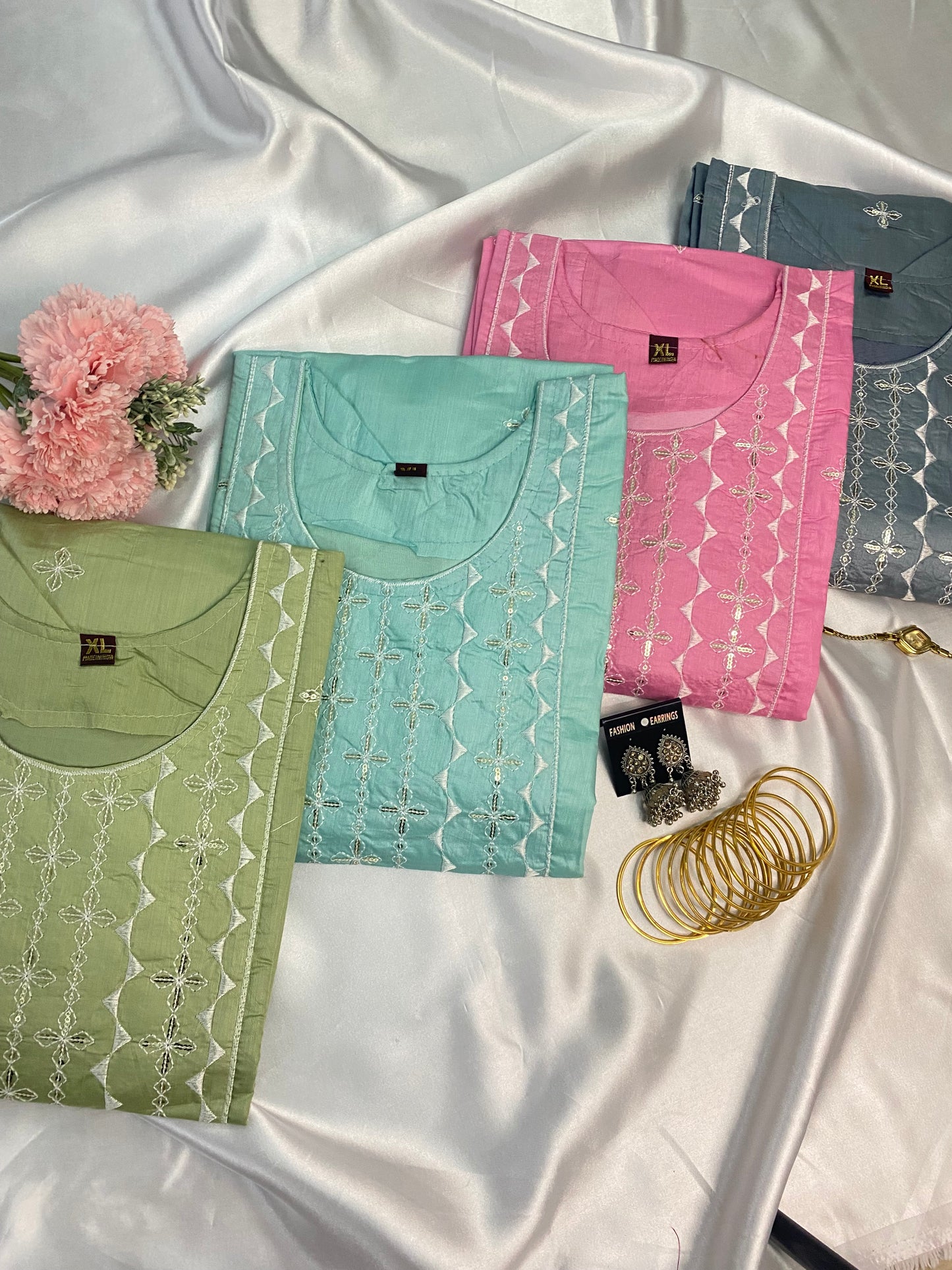 Pastel Cotton Mirror Work Kurta Pant Set (4 Colors)