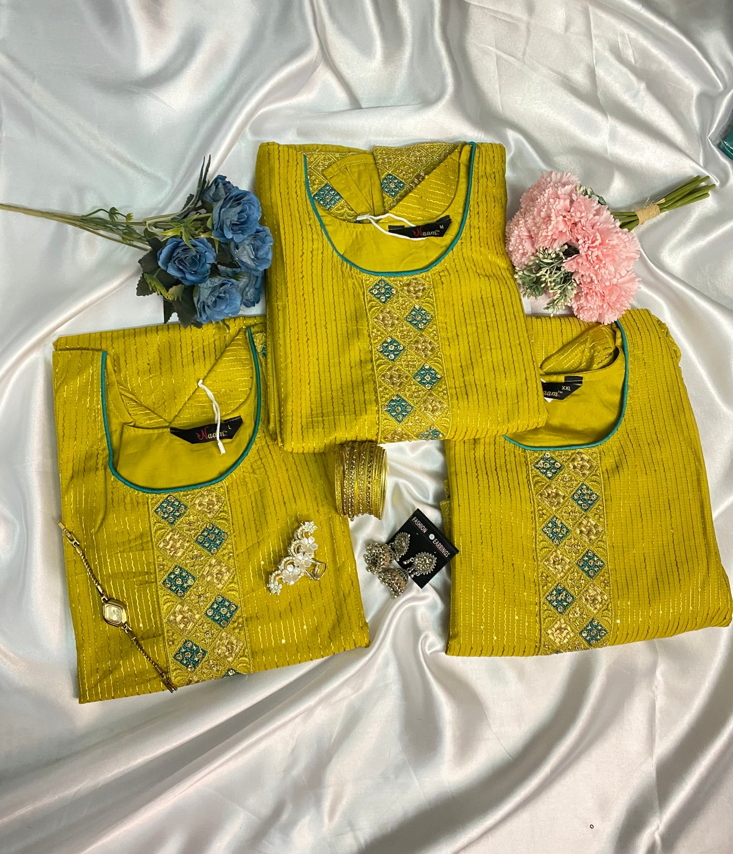 ✨ Festive Yellow Kurta Set with Embroidery & Banarasi Dupatta