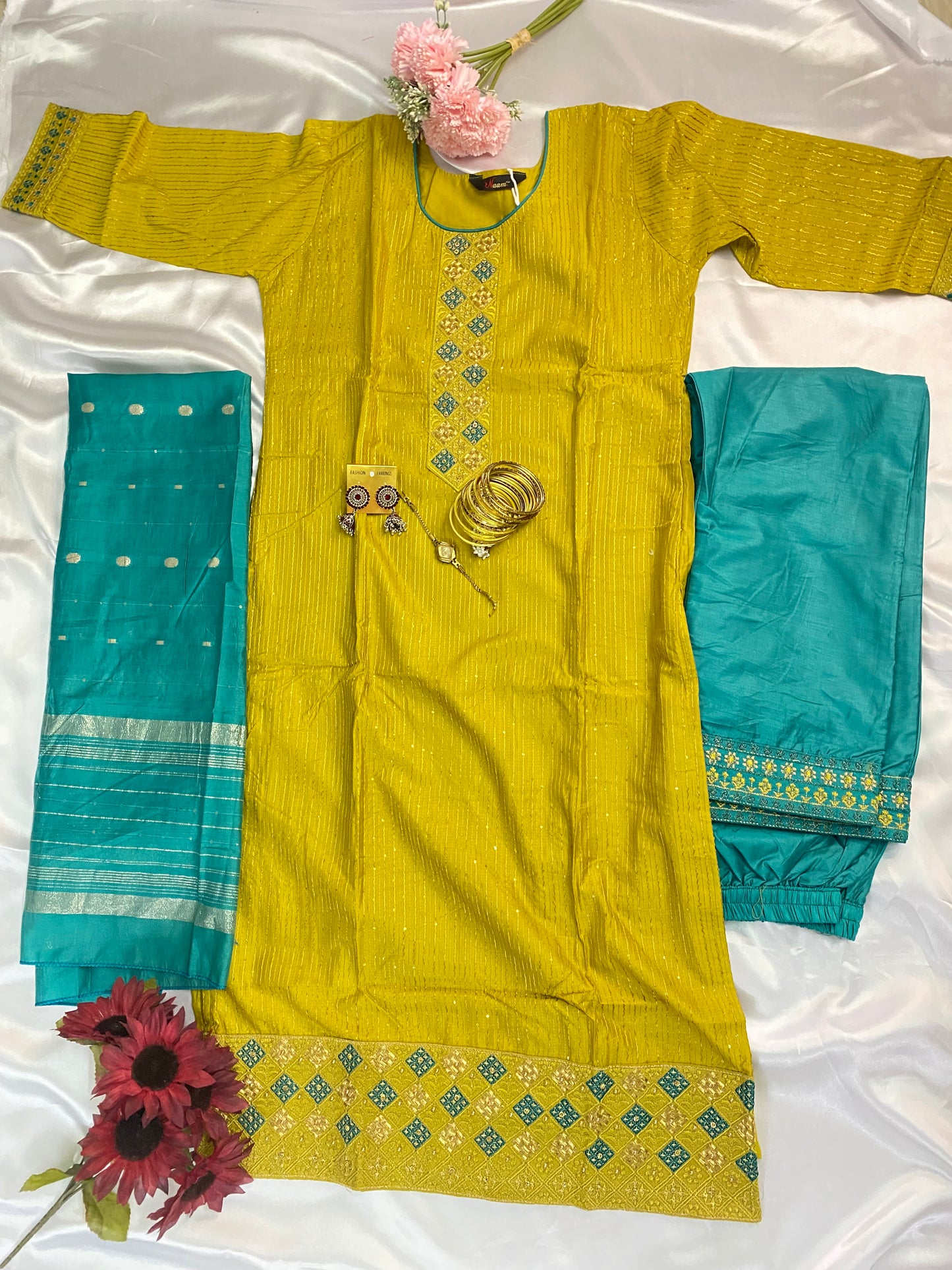 ✨ Festive Yellow Kurta Set with Embroidery & Banarasi Dupatta