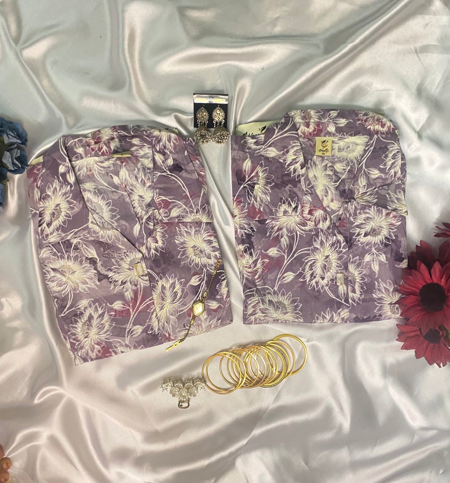✨ Soft Purple Floral Kurta Set with Collar Neck & Matching Pant
