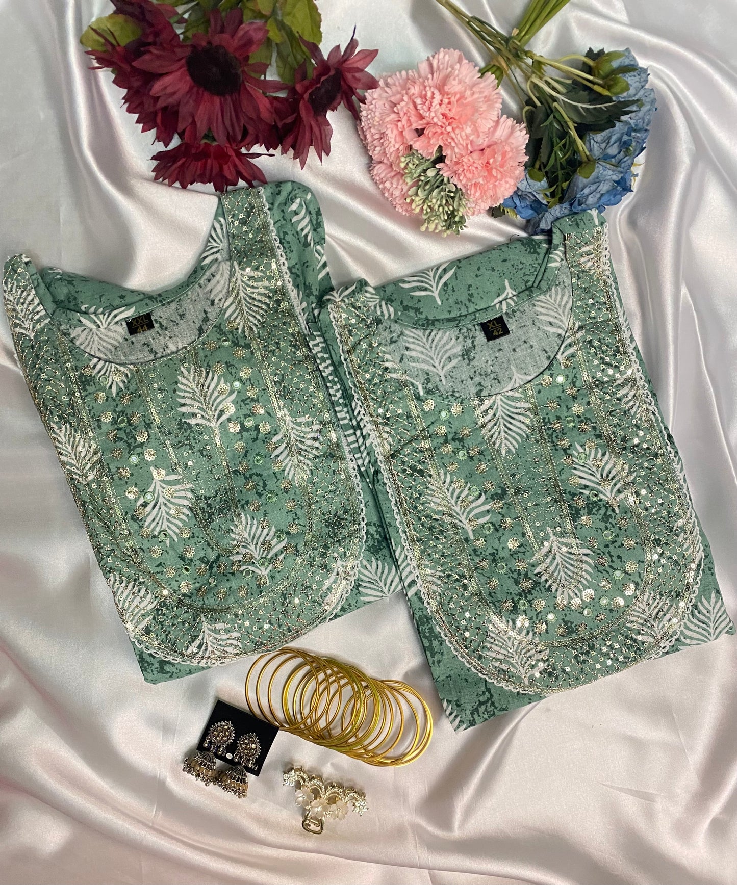✨ Elegant Green Printed Kurta Set with Handwork Neck & Striped Pant